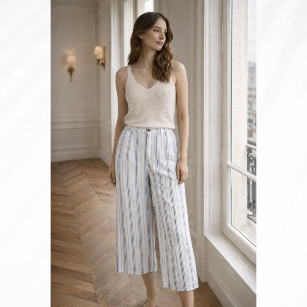 HOLLISTER Blue Stripe Wide Leg Pants Flowy Linen Blend Crop Size XS